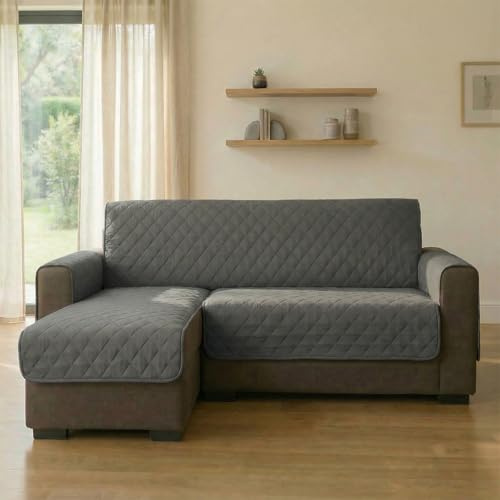 INTRECCI Copridivano 3 Posti con Penisola, Copridivano con Braccioli, Penisola Destra e Sinistra, Telo Angolare, Impermeabile, Protegge da Macchie, Facile da Lavare. Colore: Grigio Scuro