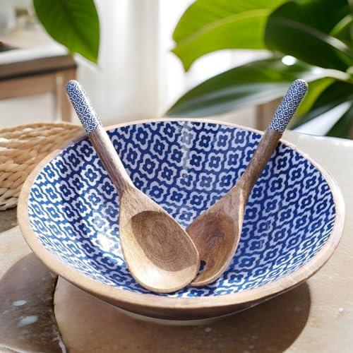 Hartsmede Wooden Salad Bowl 10 with Spoons – Handmade Mango Wood Serving Set, Food-Safe Enamel Interior, Rustic Fruit Dish for Salad Pasta Snacks, Sustainable Kitchen Gift (Sambhal)