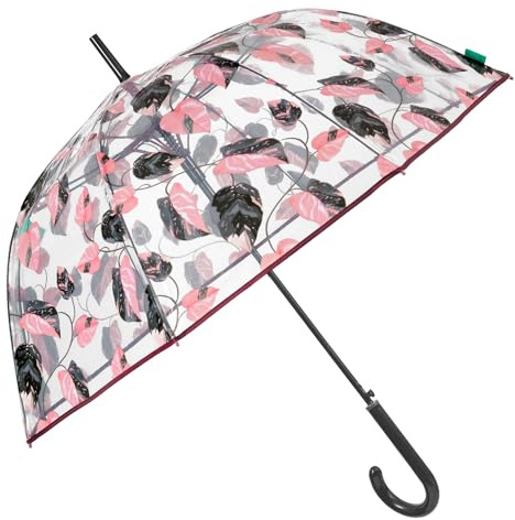 Genomskinligt Paraply Dam med Tvåfärgade Löv - Kupolparaply med Automatisk Uppfällning Vindskyddande Canopy - Stadigt Transparent Paraply i Kupolstil - Diameter 89 cm - Perletti (Rosa Svarta Löv)
