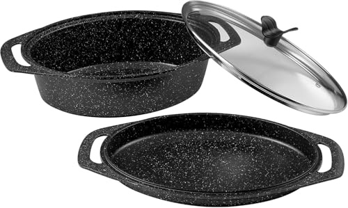 Pradel Excellence - PCUI001027 - Set di 3 pentole in ghisa di alluminio premium, 33,5 x 25 cm, coperchio in vetro, rivestimento antiaderente, motivo pietra - tutto il fuoco