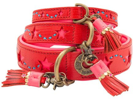 Dog with a Mission - Hundehalsband XL | Rot, Pink, Bestickt mit Sternen | Boho, Ethno, Urban, Hippie | Ideal für extra große Hunde | Handgemacht, Bunt und Modisch | 4 cm Breit