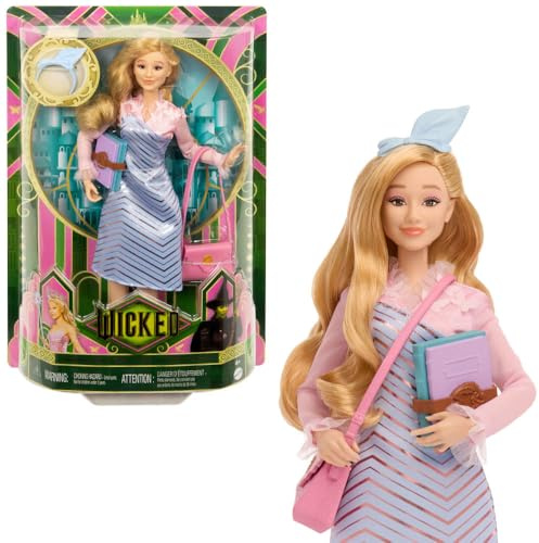 Mattel Bambola universale Wicked Glinda alla moda e accessori con capelli biondi acconciati, disposizione e look uniforme scolastica rimovibile