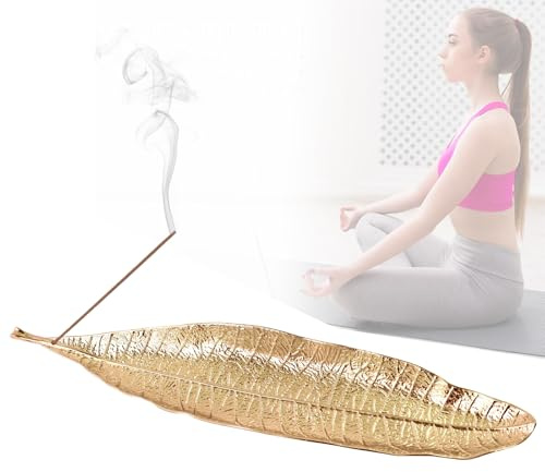 Räucherstäbchen Halter, 20,8 cm Metall Blätter Räucherstäbchenhalter, Ash Catcher, Ideal für die Meditation, Yoga, Lernräumen, Teestuben, Büro, Heimdekoration, Gold