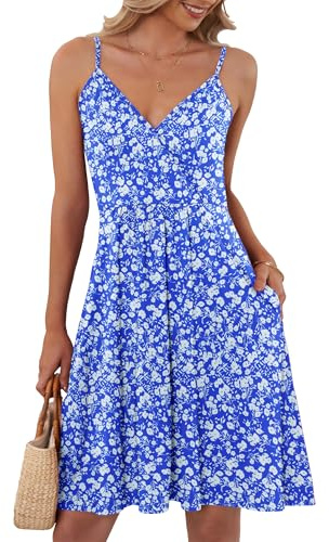 AUSELILY Summer Dresses for Women UK with Pockets Blue Flowers L