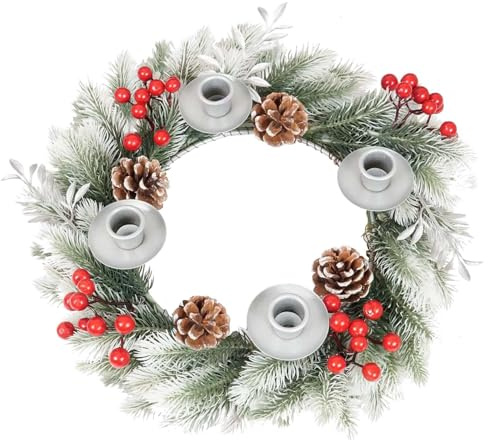 Adventskranz Künstlich, Tischkranz für Weihnachten, Weihnachtskranz mit Kerzenhalter, Adventskranz Teelichter, Weihnachtskranz Dekokranz mit 4 Kerzenhaltern Advent Weihnachten Deko Tisch (A-013)