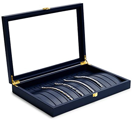 Papten Halsketten-Schmucktablett Leder-Aufbewahrungsbox Mit Transparentem Deckel – Abschließbare Schmuckschatulle Zur Aufbewahrung Mehrerer Halsketten Und Armbänder (Blau)