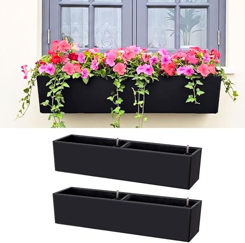 LaLaGreen - Macetas colgantes para exteriores (paquete de 2, 40 pulgadas), caja de flores con ventana negra con soporte, sistema rectangular grande de riego automático, contenedor vertical para