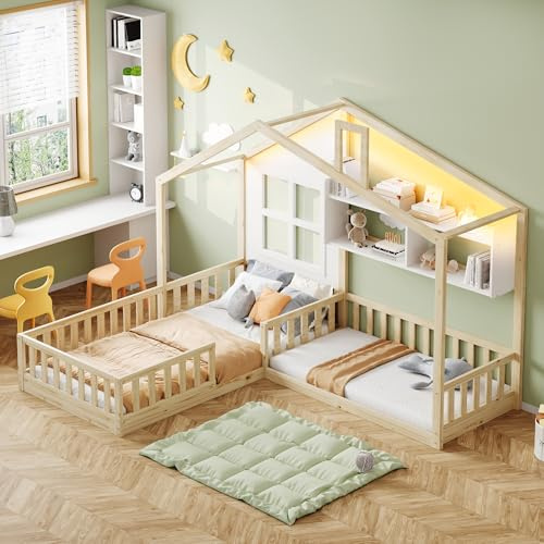 Soweiz letto per bambini 90x200 cm (140x70 cm), con finestra, ripiani, striscia luminosa a LED, cassettone letto in legno massiccio a tutta altezza con griglia di sicurezza e rete a doghe (colore