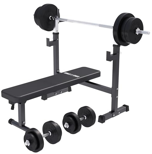 GORILLA SPORTS® Hantelbank-Set 40/70/100 kg, Ablage, klappbar, bis 300 kg | Mit 170-cm-Langhantel, 35-cm-Kurzhantel und 120-cm-SZ-Stange; Ablage bis 200 kg, Trainingsbank und Kraftstation