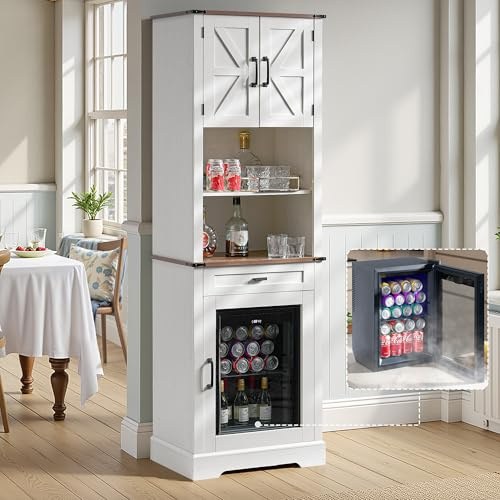 LUXOAK Bar Cabinet with Fridge (Included), 69 Farmhouse Wine Cabinet with Storage Drawers & Adjustable Shelves, Coffee Bar Cabinet for Home bar, Dining Room, Living Room