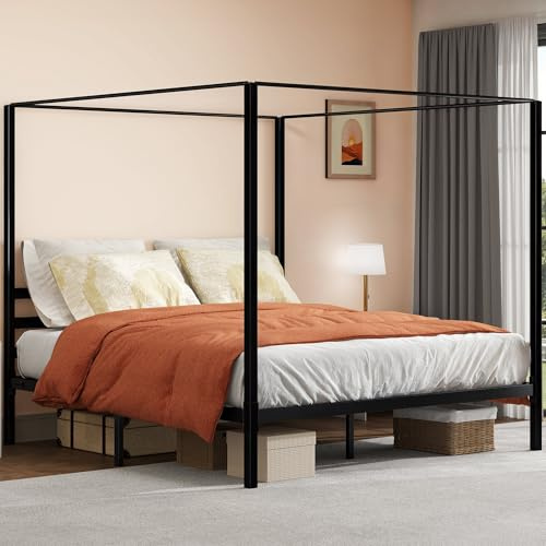 DWVO Canopy Bed Frame King, Four Poster Bed with Built-in Headboard, 14 Inch Platform Bed with Metal Slat, Noise Free, No Box Spring Needed, Black