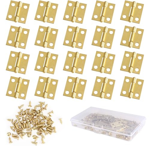 Kasoud Brass Hinges, 20PCS Small Brass Hinges with 80PCS Mini Hinge Replacement Screws Gold Copper Solid SmallHinges for Wood MiniatureHinges for Jewellery Box & Furniture Door