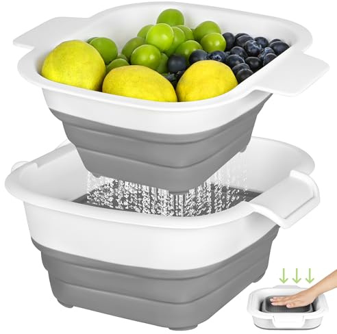 ROTTOGOON Collapsible Colander Set with Strainer Bowl, 2 in 1 Fruit Washing Basket with Strainer, 5 + 3 QT Plastic Colanders for Kitchen, Foldable Double Layered Colanders Bowl for Vegetable, Grey