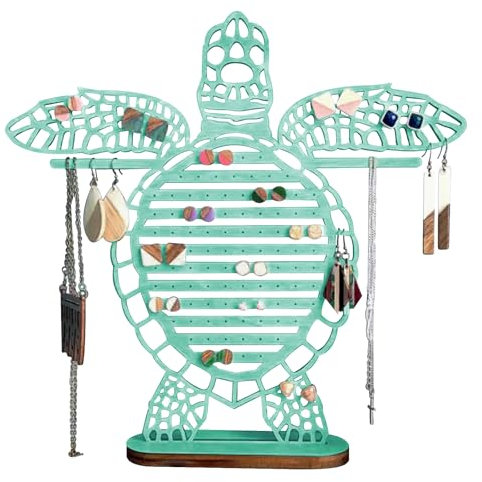 KASESSS Organizador Joyas de Madera, Organizador Pendientes, Expositor Pendientes Tortuga Azul, 99 Agujeros Colgador Collares, Soporte para Joyas Decorativos para Pulseras Anillos Pendientes Collares