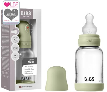 BIBS Baby Glass Bottle. 120ml Biberon en verre. Anti-colique. Embout rond en Silicone. Favorise l’allaitement naturel, 120ml, Complete Set - Sage