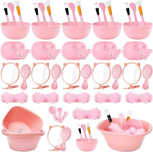 60 Pcs Spa Party Favor Supplies Bulk, Include Facial Mask Bowls Spatula Brush Puff Measuring Scoop Basin Mirror Air Cushion Comb Headband for Spa Sleepover Birthday Party