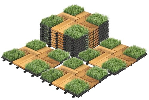 Cecaylie 11er Pack Holzfliesen aus Akazien Holz, Holzfliesen Outdoor 30x30cm - 1m², Balkonfliesen mit Grass, für Balkon, Garten, Terrasse, Bodenbelag Einfach, Schnell und Praktisch Verlegt