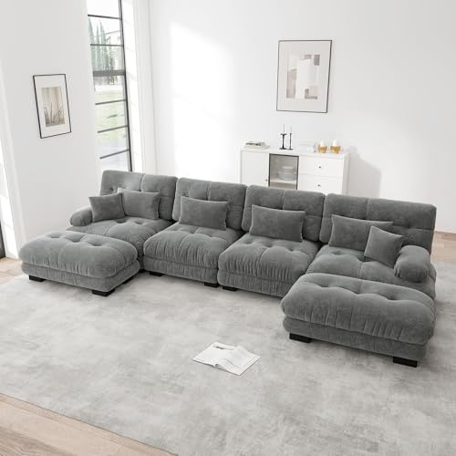 A ALFRESCOOL Sofá con función de dormir, sofá en U con función de dormir, sofá de esquina modular, juego de sofá en forma de U, sofá de 4 plazas, cómodos sofás tipo nube con otomano móvil, combinación