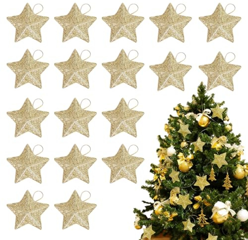 HQRKOTM 18 goldene Weihnachtsdekorationen, weihnachtsbaumschmuck, 50 x 50 mm glitzernde Weihnachtssterne, glitzernde Christbaumanhänger, bruchsichere Sterne