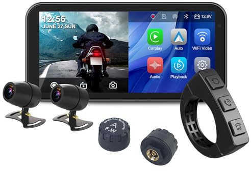 Slakerbe 6.25 Inch Motorcycle Carplay GPS Navigation System Wireless CarPlay & Android Auto Portable CarPlay Screen DVR Stereo with GPS Navigation Bluetooth Dual 4K Dash Cam TPMS Remote Control