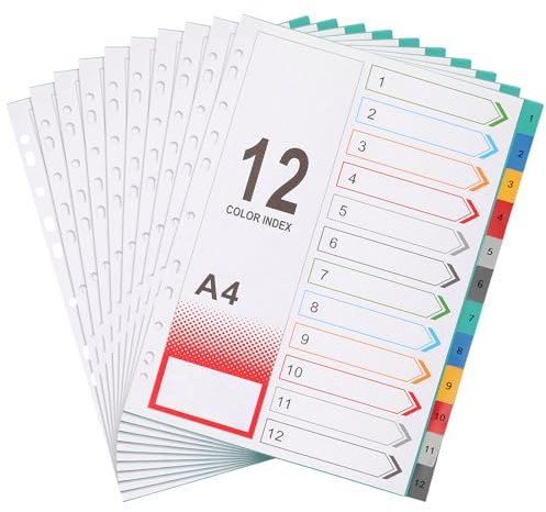 ZEONHEI 10 Packung Register für Ordner A4 1-12, 120 Blätter Aktenordner Trennblätter Kunststoff, Bunt Register Trennblätter für Ordner A4 mit 11 Loch zum Büro, Schule, Archivierung