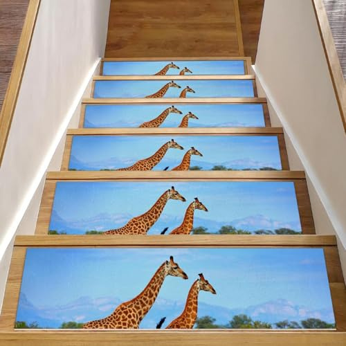 RODAILYCAY Alfombra para peldaños de escalera, dos jirafas caminando pradera africana, paquete de 15 almohadillas antideslizantes para peldaños de escalera, camino de escalera para escalones de madera