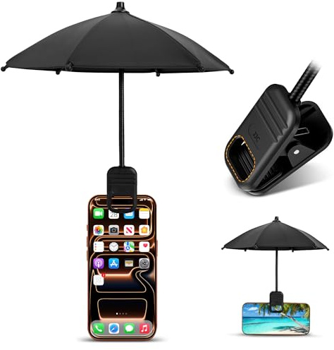 Phone Umbrella for Sun Shade, Clip On Phone Umbrella with UPF 45+ Black | Anti-Glare, Anti-UV Coating, Cellphone Screen Protector for Beach Tanning Car Outdoor Travel Swim Pool Accessories