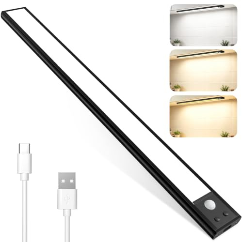Schrankbeleuchtung Led Lampe mit Bewegungsmelder - 40cm 3000mAh Schrankbeleuchtung Unterbauleuchte Dimmbar 3 Farbe 4 Modi Küche Licht Leiste Aufladbar Magnetische Einfach Montage (Schwarz-40CM)