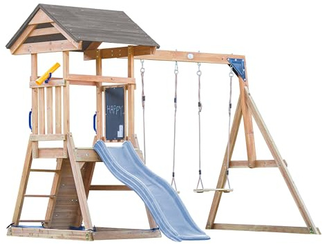 AXI Mia Spielturm aus Holz in Braun mit Doppelschaukel | Spielplatz für Kinder mit Pastellblau Rutsche, Schaukel, Kletterwand & Sandkasten | Stelzenhaus für den Garten