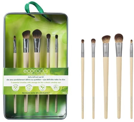 EcoTools Daily Defined Eye Brush Kit + Storage Tray, Eco-Friendly Makeup Brushes For Liquid, Powder, & Cream Eyeshadow & Eyeliner Application, Synthetic Hair, Vegan and Cruelty Free, 5 Piece Set