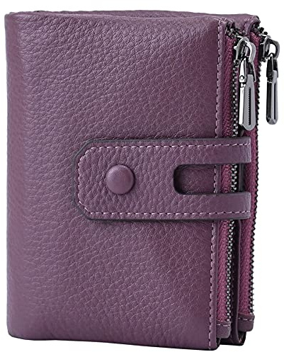 Bveyzi Small Soft Leather Wallet for Women RFID Blocking Ladies Card Holder with Double Zipper Pocket (Deep Plum)