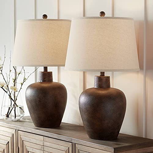 Regency Hill Glenn Farmhouse Rustic Southwestern Natural Cottage Table Lamps 27 Tall Set of 2 Dark Terra Cotta Tapered Fabric Drum Shade Decor for Living Room Bedroom House Bedside Nightstand