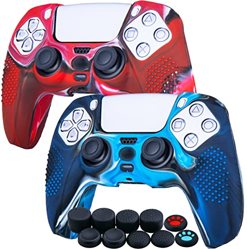 Yorha Points Housse Coques Autocollants en Silicone Skin Cover pour PS5 Dualsense Manette (Camouflage Rouge + Bleu) x 2 avec Prises de Pouce x 10