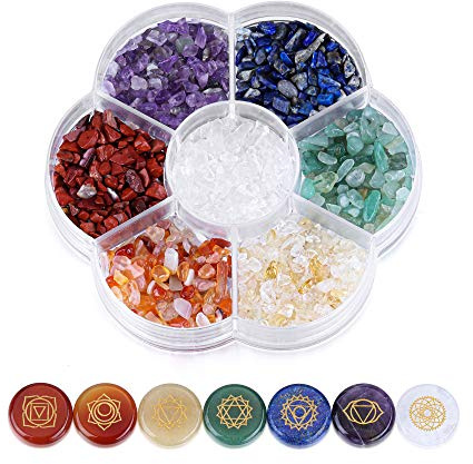 CrystalTears Chakra Steine golden eingravierte Symbol Edelsteine mit Trommelsteine Healing Kristall Deko Set für Yoga Meditation