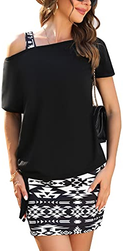 Gyabnw mini pennklänning för kvinnor 2 i 1 sommar t-shirt + klänning avslappnad axellös bodycon-klänning elegant festklänning sexig tunika klänning, Svart + vit-a, M
