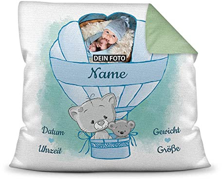 Kissen mit Füllung - mit Geburtsdaten personalisieren - Babygeschenk für Jungen, Geschenk zur Geburt oder Taufe, Geburtskissen, Namenskissen fürs Baby I Farbkissen Rückseite Grün, 40x40 cm