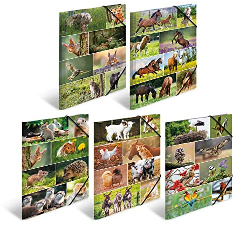 HERMA Sammelmappen A3 Tiermotive Set, 10 Stück, Kinder Eckspanner-Mappen aus Pappe mit Tiere Motiv, Gummizug, Innenklappen und Innendruck für Jungen und Mädchen
