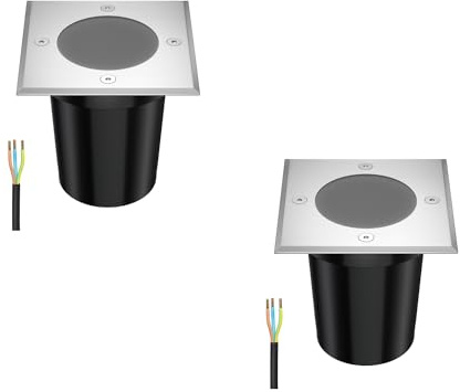 ledscom.de 2x Bodeneinbauleuchte RELI für außen, IP67, edelstahl, eckig, 11 x 11cm, 1x GU10 max. 15W, gefrostet