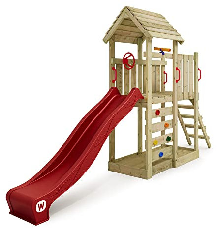 WICKEY Spielturm Klettergerüst JoyFlyer mit Holzdach & roter Rutsche, Outdoor Kinder Kletterturm mit Sandkasten, Leiter & Spiel-Zubehör für den Garten