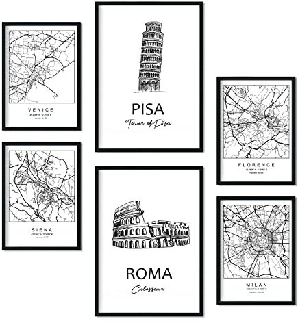Nacnic Set 6 affischer från Italien. Affischer av kartor och monument i svart och vitt för ditt hem, företag och kontor. Heminredning i nordisk stil. A4- och A3-format. utan ram.
