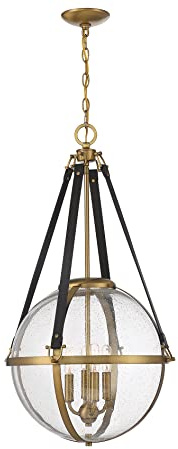 Savoy House 7-1836-4-322 Bozeman Rustic Equestrian-Inspired Seeded Glass Pendant with Chocolate Leather Band, 4-Light 240 Total Watts, 33 H x 18 W, Warm Brass