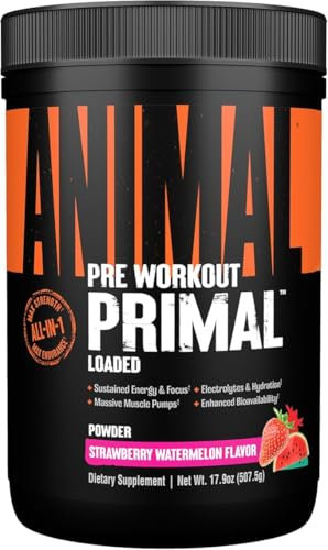 ANIMAL Primal Pre Workout Strawberry Watermelon – Trainingsbooster mit 300 mg Koffein, 3DPUMP, Elektrolyten & Beta-Alanin – Pre Workout Pulver für Energie, Pump & Fokus – Zuckerfrei – 507,5 g