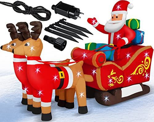 KESSER® Aufblasbarer Weihnachtsmann mit Schlitten XXL Nikolaus Rentiere Weihnachten Santa Claus Deko LED Beleuchtet inkl. Befestigungsmaterial Weihnachtsdekoration Weihnachtsdeko