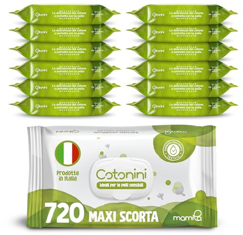 Mamila Salviette Neonato Cotonini 100% Cotone Naturale Salviette Umidificate per Bambini 0% Alcool Delicati con estratti di Mandorla e Aloe (720 Salviette)