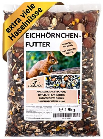 Canifee - Eichhörnchen Futter 1.8 kg Nachfüllpack artgerechtes Wildtierfutter ganzjährige Futtermischung - Nachfüllbeutel mit der extra Portion Haselnüsse - auch für Streifenhörnchen