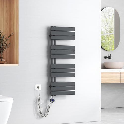 EMKE Badheizkörper Elektrisch 1041x400 mm - Flach Handtuchheizkörper Elektrisch, Elektrischer Handtuchwärmer Handtuchtrockner Handtuch Heizkörper Bad mit Thermostat und Heizstab - 400W, Anthrazit