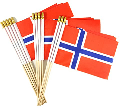 Newperlite Bandera de Noruega con palo, pequeñas banderas de mano, poste de madera maciza y parte superior de lanza, paquete de 12, 5 x 8 pulgadas