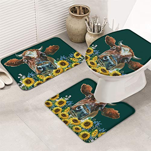 Set 3 Teilig Badvorleger American Country Style Retro Sunflower Cow Dunkelgrün Anti-Rutsch Bade-Matte+Kontur+Wc-Deckelabdeckung Waschbar Badematte Und Wc-Vorleger-Set Für Badezimmer Badewanne