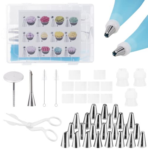 Carehabi Set di beccucci per decorare torte, 34 pezzi, 2 beccucci in acciaio inox, 2 sac à poche riutilizzabili in silicone, per torte, cupcake, biscotti, decorazioni per pasticceria