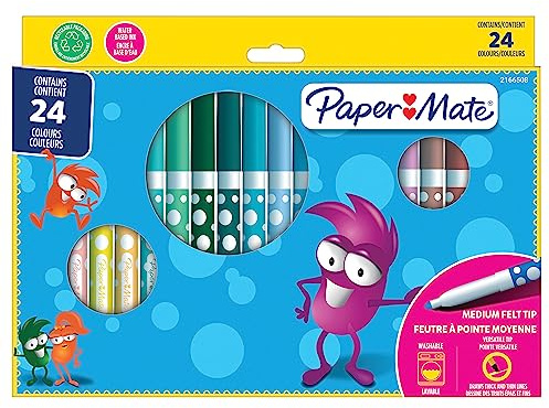 Paper Mate Children's Felt Tip Colouring Pens | Washable | Assorted Colours | 24 Fibre Tip Markers